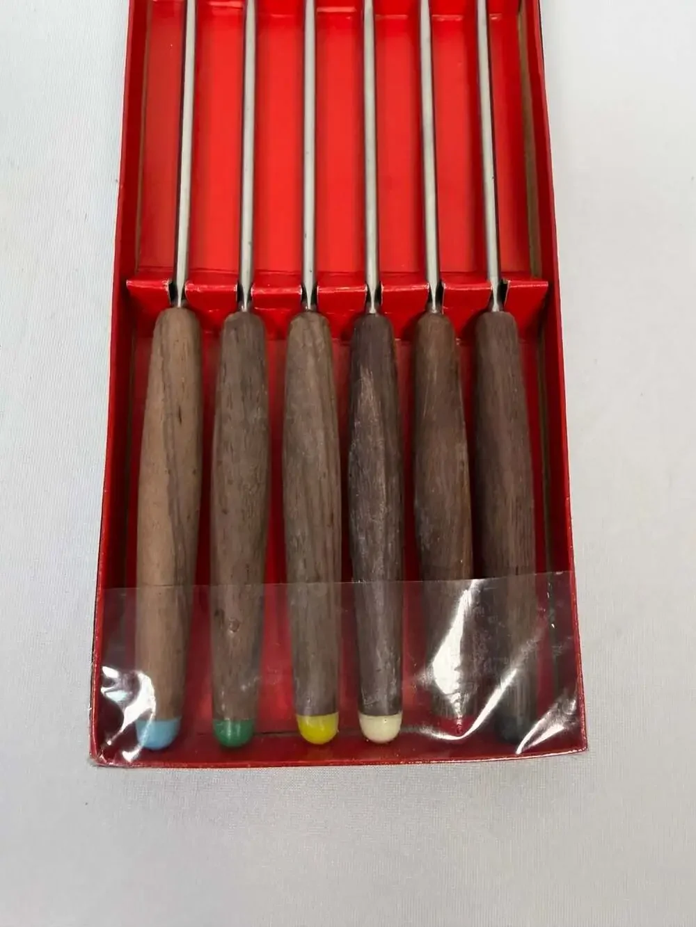 Vintage Mid-Century Modern 6-Piece Fondue Fork Set with Wooden Handles